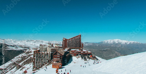 Snow-covered mountains and ski resort scenery in Valle Nevado, Chile, located near Santiago
