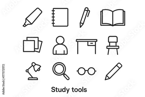 Study Tools Icons. Study tools. Line outline icon set of study tools: highlighter, notebook, pen, open book,