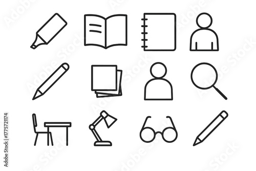 Annotation Tools Icons. Annotation session. Line outline icon set of annotation session: highlighter, open