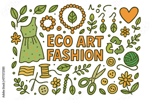 Eco Art Fashion. Eco Art Fashion. Hand-drawn doodle illustration of eco art fashion. Dress, necklace, bracelet