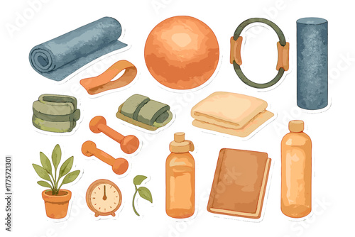 Watercolor Pilates Stickers. Pilates fitness kit. Realistic hand-painted watercolor style sticker sheet of