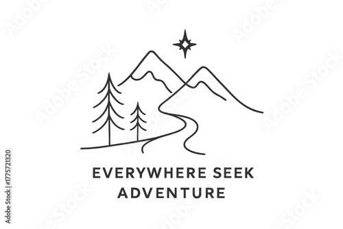 Minimalist Mountain Adventure. Everywhere Seek Adventure. minimalistic one-line drawing of a mountain path