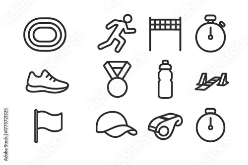 Athletic Meet Icons. Athletic meet. Line outline icon set of athletic meet: track, runner, finish line,