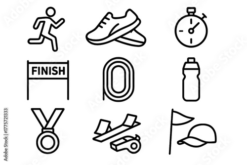 Marathon Icon Set. Marathon race. Line outline icon set of marathon race: runner, running shoes, stopwatch,