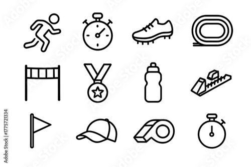 Sprint Icon Set. Sprint competition. Line outline icon set of sprint competition: runner, stopwatch, running