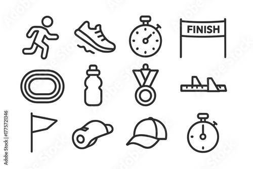 Marathon Icon Set. Marathon race. Line outline icon set of marathon race: runner, running shoes, stopwatch,