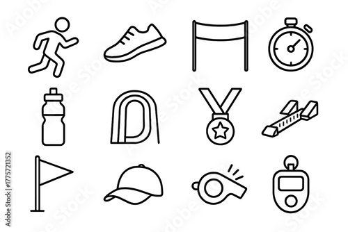 Fun Run Icons. Fun run. Line outline icon set of fun run: runner, running shoes, finish line, stopwatch, water