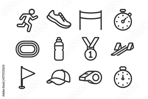 Marathon Icon Set. Marathon event icons. Line outline icon set of marathon event icons: runner, running shoes,