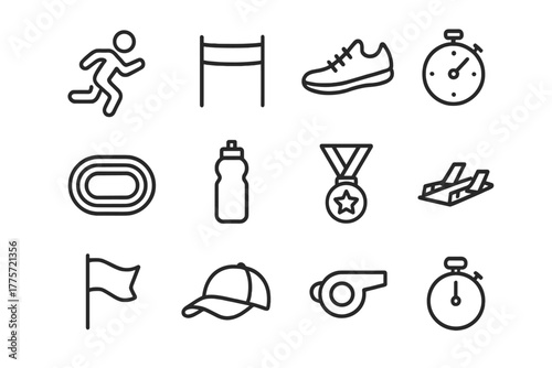 Running Icon Set. Running competition. Line outline icon set of running competition: runner, finish line,