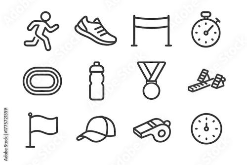 Marathon Icon Set. Marathon event icons. Line outline icon set of marathon event icons: runner, running shoes,