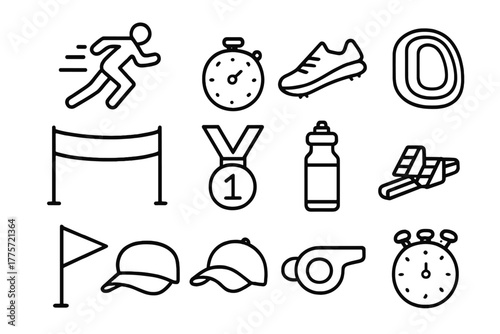 Sprint Icon Set. Sprint competition. Line outline icon set of sprint competition: runner, stopwatch, running