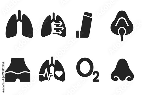 Lung Health Icons. Lung health. Filled icon set of lung health: lungs, airflow arrows, inhaler, oxygen mask,
