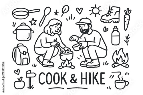 Outdoor Cooking Adventure. Cooking and hiking. Hand-drawn doodle illustration of cooking and hiking. In the