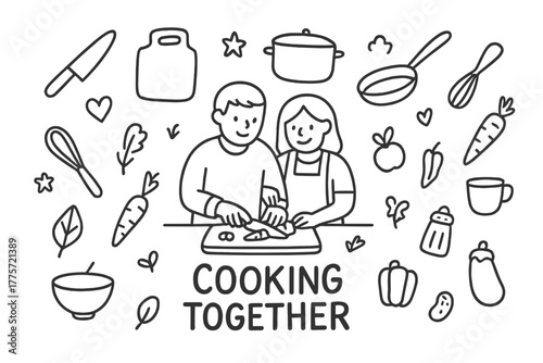 Couples Cooking Doodle. Couples cooking. Hand-drawn doodle illustration of couples cooking. In the middle, one