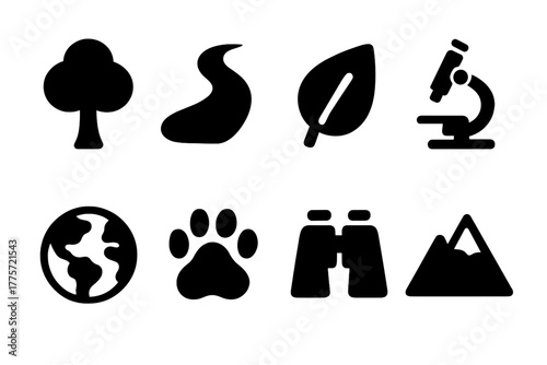 Environmental Science Icons. Environmental science. Filled icon set of environmental science: tree, river,