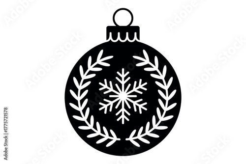 A black silhouette of a Christmas ornament with a snowflake and laurel wreath design.