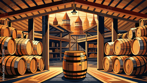 Very beautiful view of stacked bourbon barrels in Louisville, Kentucky, USA, showcasing the rich heritage of bourbon production, wooden textures, and warm ambient lighting in a distillery setting.