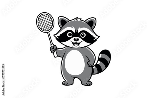A cartoon raccoon is holding a badminton racket and smiling.