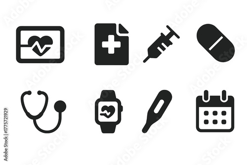 Chronic Care Icon Set. Chronic condition care. Filled icon set of chronic condition care: heart monitor,