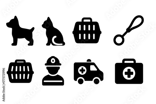 Pet Evacuation Icons. Pet evacuation. Filled icon set of pet evacuation: dog, cat, carrier, leash, crate,