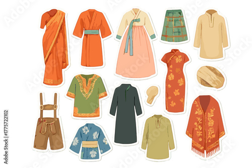 World Costume Stickers. World costume collection. Realistic hand-painted watercolor style sticker sheet of