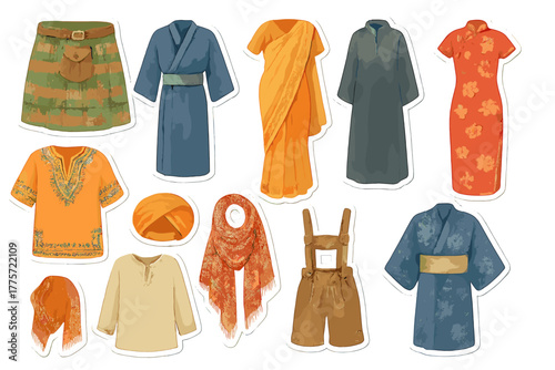 Watercolor Ethnic Clothing Stickers. Ethnic clothing kit. Realistic hand-painted watercolor style sticker