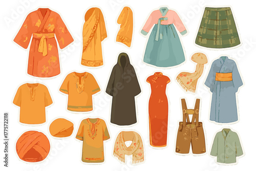 Traditional Fashion Stickers. Traditional fashion essentials. Realistic hand-painted watercolor style sticker