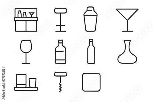 Home Mixology Icons. Home mixology. Line outline icon set of home mixology: bar counter, bar stool, cocktail