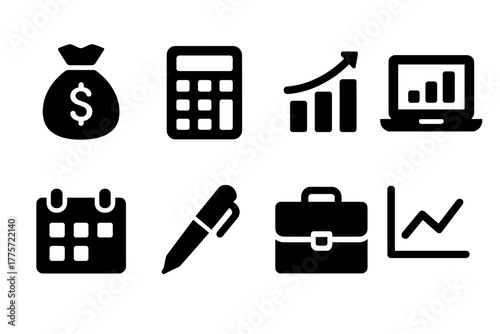 Financial Planning Icons. Financial planning. Filled icon set of financial planning: money bag, calculator,
