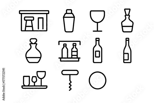 Home Cocktail Icons. Home cocktail station. Line outline icon set of home cocktail station: bar counter, bar