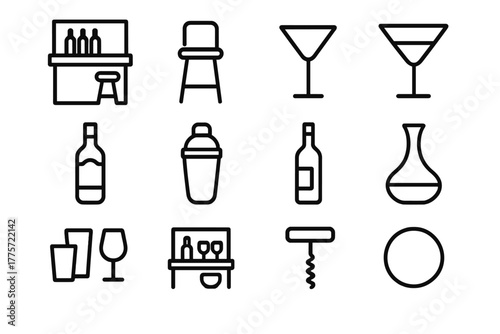 Entertainment Bar Icons. Entertainment bar. Line outline icon set of entertainment bar: bar counter, bar stool