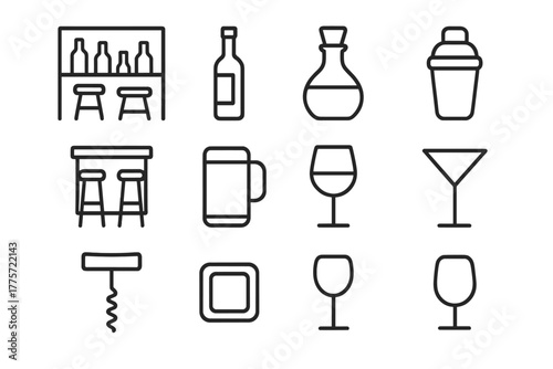 Liquor Icon Set. Liquor display. Line outline icon set of liquor display: shelf, liquor bottle, wine bottle,