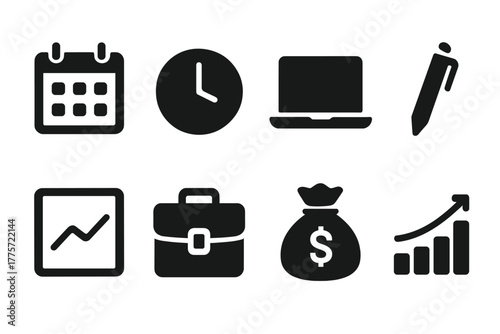 Time Management Icons. Time management. Filled icon set of time management: calendar, clock, laptop, pen,