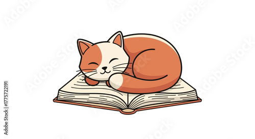 A cute orange and white cat sleeping peacefully on top of an open book, enjoying a nap.