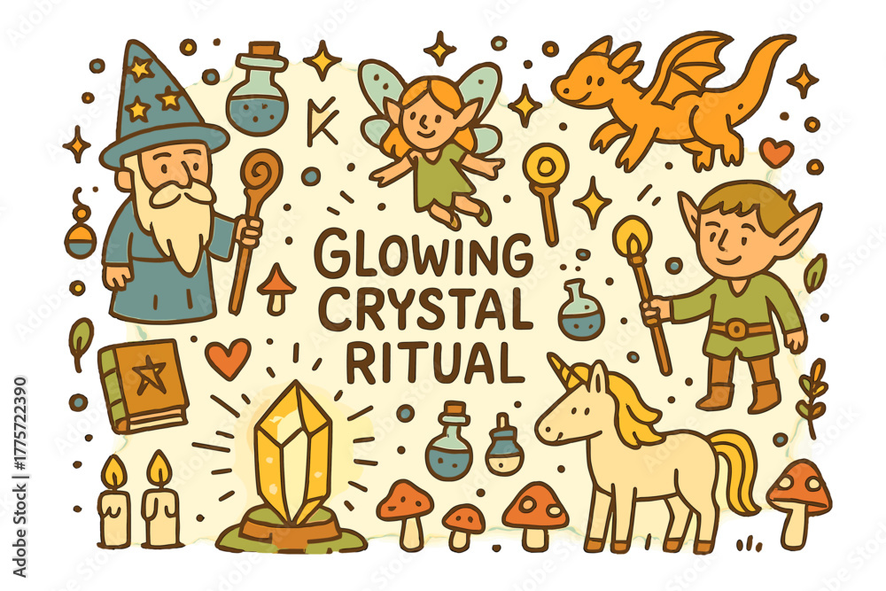 Fototapeta premium Mystical Crystal Ritual. Glowing Crystal Ritual. Hand-drawn doodle illustration of glowing crystal ritual.