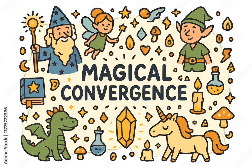 Fototapeta premium Magical Fantasy Gathering. Magical Convergence. Hand-drawn doodle illustration of magical convergence. Wizards