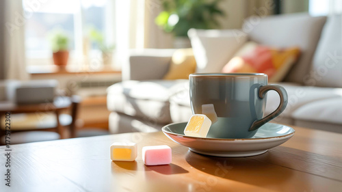Wallpaper Mural Cup of tea with throat lozenges on a wooden table in cozy living room   Torontodigital.ca