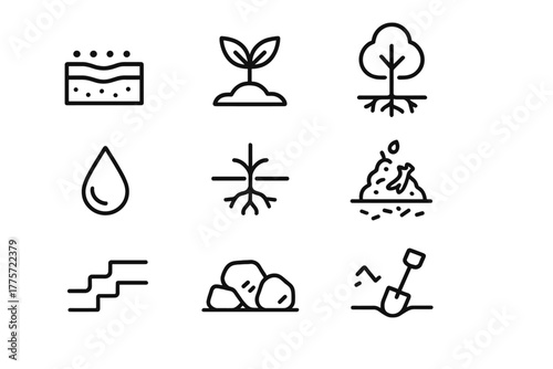 Sustainable Soil Icons. Sustainable soil management. Line outline icon set of sustainable soil management: