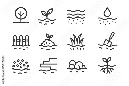 Soil Conservation Icons. Soil conservation. Line outline icon set of soil conservation: tree, plant, soil