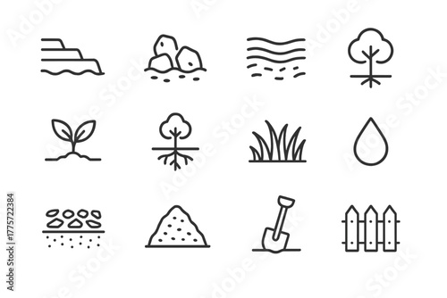 Erosion Prevention Icons. Erosion prevention. Line outline icon set of erosion prevention: terracing, rock
