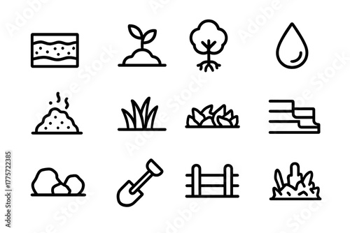 Sustainable Farming Icons. Sustainable farming. Line outline icon set of sustainable farming: soil layers,