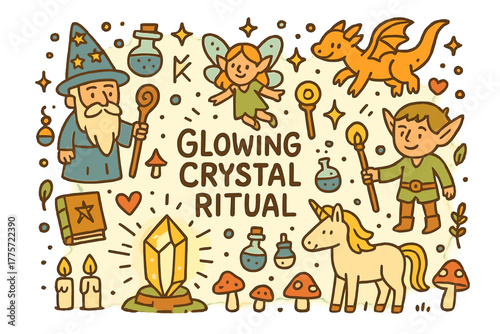 Mystical Crystal Ritual. Glowing Crystal Ritual. Hand-drawn doodle illustration of glowing crystal ritual.