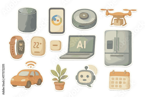 AI Watercolor Sticker Sheet. AI in daily life. Realistic hand-painted watercolor style sticker sheet of AI in