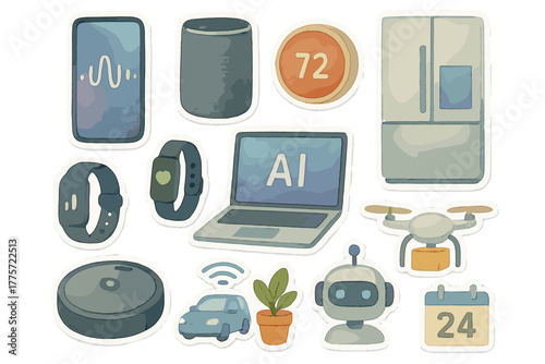 AI Essentials Art Stickers. Daily AI essentials. Realistic hand-painted watercolor style sticker sheet of