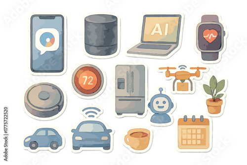Smart Living Stickers. Smart AI lifestyle kit. Realistic hand-painted watercolor style sticker sheet of smart