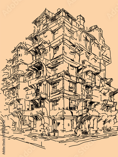 3D sketch of a multi-story building in an oriental style on a beige sand background, for the design of prints in an architectural style