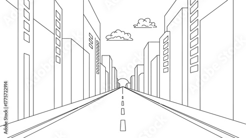 Linear perspective drawing of a city street with buildings and a road vanishing into the distance