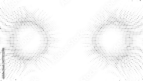 Abstract halftone circular illusion, dotted twin ring pattern creating geometric depth, minimal white background design for futuristic digital and optical visual effect