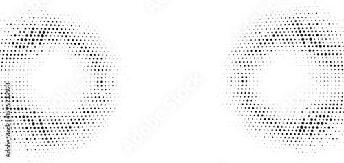 Abstract dotted halftone twin circles, symmetrical pattern with gradient optical illusion, black and white minimal background for digital and modern futuristic design