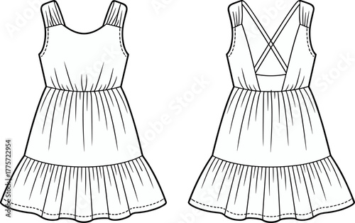 Sleeveless dress, fashion sketch, technical drawing, tiered skirt, open back, crisscross straps, garment design, clothing template, apparel illustration, summer wear